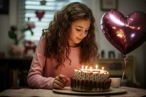 ai gerado adorável pequeno menina sopro Fora velas em dela aniversário bolo às lar, uma menina fazer uma coração gesto e sopro uma vela em uma bolo às lar, ai gerado foto