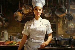 ai gerado jovem mulher dentro a cozinha do uma restaurante. retrato do uma fêmea cozinhar, uma fêmea chefe de cozinha dentro a cozinha, ai gerado foto