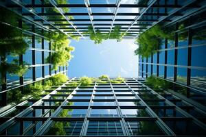 ai gerado ecológico construção dentro a moderno cidade. sustentável vidro escritório construção com árvore para reduzindo carbono dióxido. escritório construção com verde ambiente. corporativo construção reduzir co2. foto