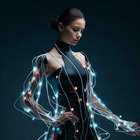 ai gerado sustentável moda com flexível pilhas e inteligente têxteis. flexível bateria poder dentro roupas indústria. vestível tecnologia. vestível inovação. uma modelo vestindo futurista roupa. foto