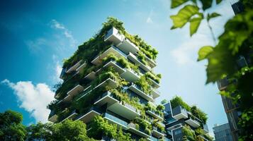 ai gerado sustentável verde construção dentro moderno cidade. verde arquitetura. ecológico prédio. sustentável residencial construção com vertical jardim reduzir co2. apartamento com verde ambiente. foto