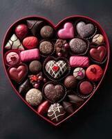 ai gerado uma caixa cheio do coração em forma chocolates foto