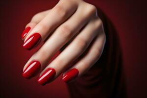 ai gerado glamour mulher mão com clássico vermelho unha polonês em dela unhas. vermelho unha manicure com gel polonês às luxo beleza salão. unha arte e Projeto. fêmea mão modelo. francês manicure. foto