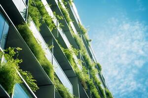 ai gerado ecológico construção dentro a moderno cidade. sustentável vidro escritório construção com árvore para reduzindo carbono dióxido. escritório construção com verde ambiente. corporativo construção reduzir co2. foto