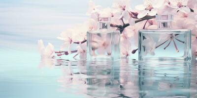 ai gerado perfume garrafas dentro a reflexão do cereja flores cercado foto