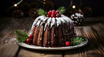 ai gerado chocolate Natal pudim em uma de madeira superfície foto