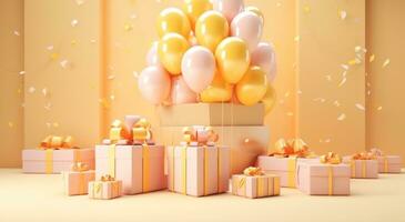 ai gerado aniversário bolo dentro uma quarto com presente caixas e balões foto