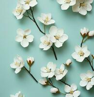 ai gerado a branco pétalas do branco cereja flores em verde foto