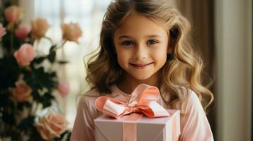 ai gerado uma pequeno menina segurando uma presente caixa perto Rosa rosas foto