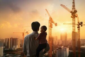 ai gerado silhueta do pai e filho olhando às construção local às pôr do sol, ásia Garoto em do pai ombros com a fundo do Novo Alto edifícios e silhueta, ai gerado foto