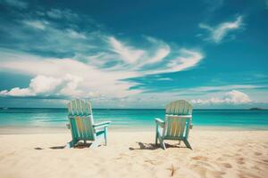 ai gerado de praia cadeiras em tropical de praia com turquesa água e azul céu, lindo praia, cadeiras em a arenoso de praia perto a mar, verão feriado e período de férias conceito para turismo, ai gerado foto