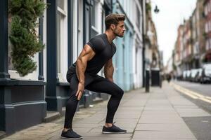 ai gerado bonito jovem homem dentro Preto roupa de esporte fazendo alongamento exercícios ao ar livre, uma ginástica modelo fazendo agachamentos em a rua, topo seção cortado, lado visualizar, ai gerado foto