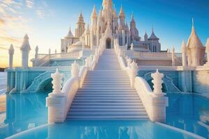 ai gerado branco stupa em azul céu fundo. 3d ilustração, uma lindo arquitetônico castelo com ampla passos em a escadas cercado de gelo e água debaixo uma Claro céu, ai gerado foto