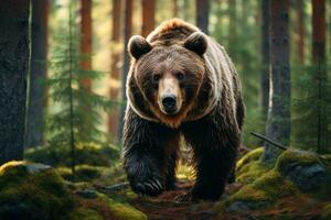 ai gerado Castanho Urso dentro a floresta. perigoso animal dentro a floresta. animais selvagens cena, uma Castanho Urso dentro a floresta, retratado dentro uma fechar-se Visão do uma selvagem animal, ai gerado foto