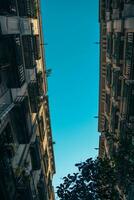 histórico construção em rambla rua paisagem urbana imagem. aéreo rua Visão às pôr do sol Tempo dentro barcelona, Espanha foto. foto