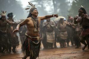 ai gerado indígena pessoas dançando a chuva dança. generativo ai foto