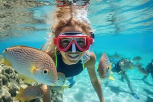 ai gerado uma menina e tartaruga embaixo da agua, mergulho. ai gerado foto