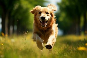 ai gerado alegre brincadeira dourado retriever raças através uma campo do verde foto