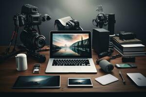 ai gerado maçã computadores local na rede Internet em computador portátil tela, uma fotógrafo levando uma cenário do uma guepardo dentro masai Mara, Quênia, ai gerado foto