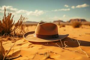 ai gerado chapéu dentro a deserto uma toque do estilo em arenoso terreno foto