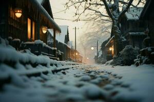 ai gerado quieto rua abaixo uma suave queda de neve, delicado flocos descendente suavemente foto