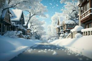 ai gerado sereno neve cena uma quieto rua coberto dentro macio, queda flocos foto
