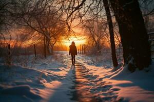 ai gerado pôr do sol neve andar pessoa em Nevado estrada, banhado dentro crepúsculo foto