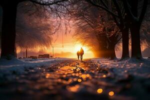 ai gerado Nevado crepúsculo pessoa passeios ao longo uma estrada às inverno pôr do sol foto