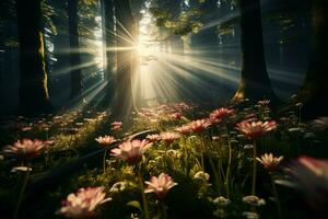 ai gerado marquise Magia raios solares pausa através, fundição luz em florescendo flores silvestres foto