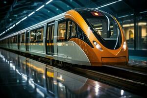 ai gerado eficiente transito lustroso trem vitrines moderno Projeto dentro metrô estação foto
