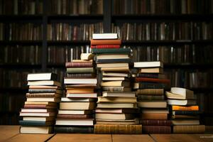 ai gerado conhecimento tesouro livros ordenadamente empilhado dentro a quieto biblioteca foto