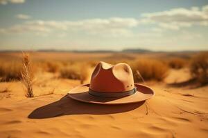 ai gerado à moda chapéu descansos contra a pano de fundo do arenoso deserto arredores foto