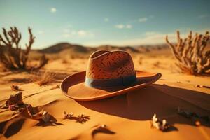 ai gerado chapéu às descansar em arenoso deserto terreno, a oásis do estilo foto
