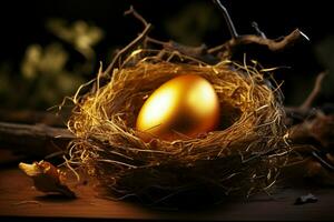 ai gerado brilhando dourado ovo acrescenta Magia, aninhado entre delicado pássaro ninho foto