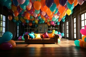 ai gerado vibrante decoração balões realçar uma aniversário temático configuração com animado cores foto