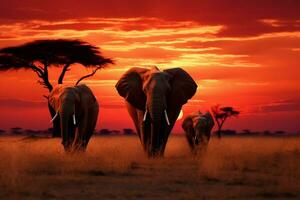 ai gerado pôr do sol serenidade elefantes vagaroso alimentando dentro a africano savana crepúsculo foto