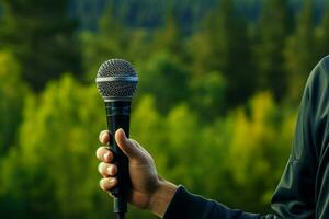 ai gerado de Meio Ambiente voz mão detém microfone contra verde floresta pano de fundo foto