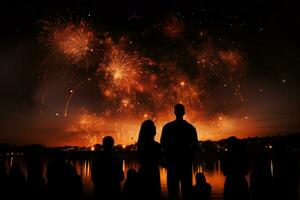 ai gerado noite encantamento silhuetas cativado de a Magia do estourando fogos de artifício foto