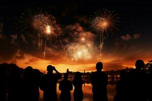 ai gerado celestial mostrar povos silhuetas admirar fogos de artifício, uma deslumbrante noite exibição foto