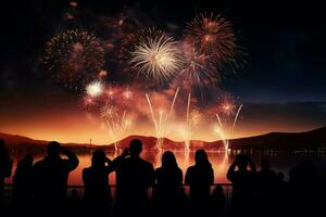 ai gerado celestial mostrar povos silhuetas admirar fogos de artifício, uma deslumbrante noite exibição foto