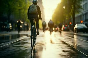 ai gerado cidade ciclistas dentro movimento pedalar através ruas, parte do paisagem urbana foto