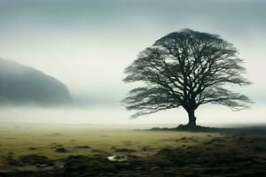 ai gerado solitário árvore surge graciosamente a partir de a névoa dentro a aberto campo foto