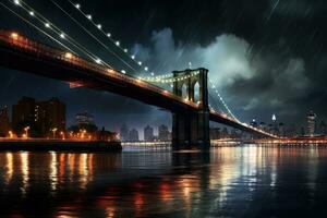 ai gerado noite Visão do Brooklyn ponte e Manhattan, Novo Iorque cidade, EUA, Brooklyn ponte noite exposição, ai gerado foto