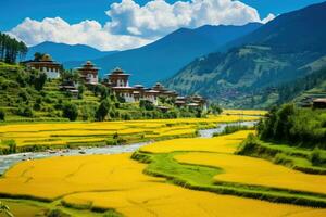 ai gerado arroz campo dentro sapa, lao cai, Vietnã, Butão, tashichho dzong dentro Thimphu, cercado de amarelo arroz Campos, uma rio, e montanhas, ai gerado foto