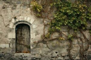 ai gerado velho de madeira porta com hera em a pedra muro. vintage estilo, capturar a medieval textura fundo dentro natureza, ai gerado foto