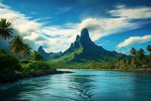 ai gerado Dividido embaixo da agua Visão do lindo tropical ilha com Palma árvores e água superfície, bora bora embaixo da agua, ai gerado foto