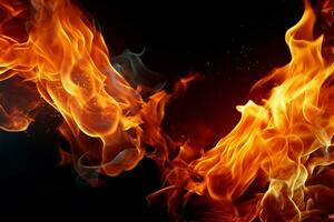 ai gerado fogosa essência intenso fogo chamas fechar-se em Preto isolado fundo foto