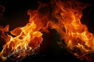 ai gerado queimando fervor chamas fechar-se em Preto pano de fundo, fogosa intensidade foto