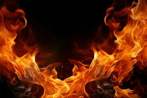 ai gerado queimando fervor chamas fechar-se em Preto pano de fundo, fogosa intensidade foto