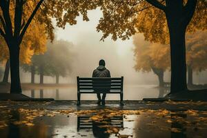 ai gerado outono reflexão solitário homem em Banco dentro parque, chuva e névoa foto